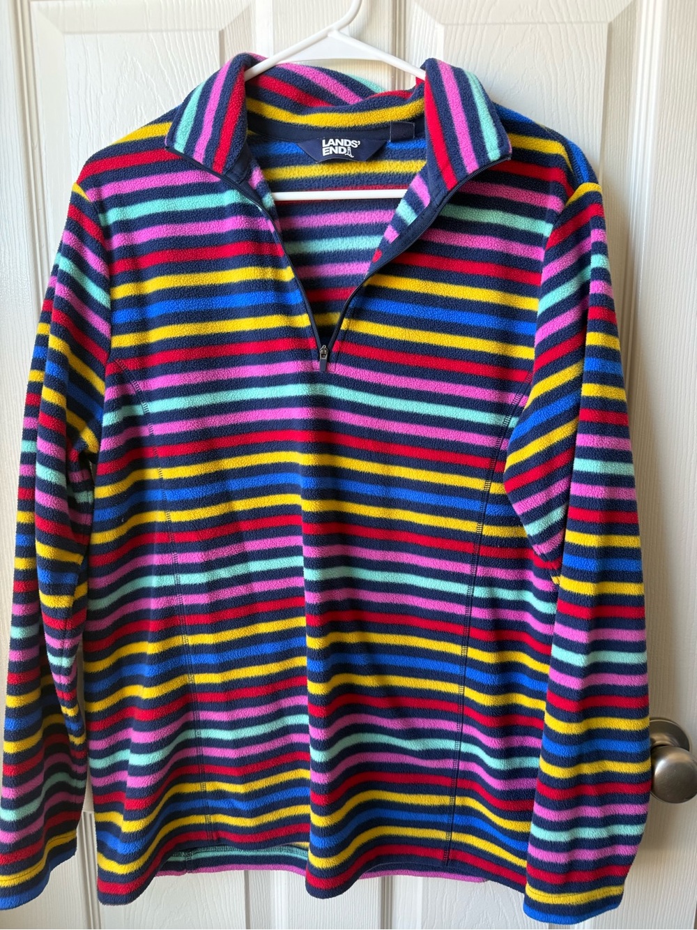 Lands' End Multicolor Striped Fleece Jacket - Navy, Pink, Red, Yellow, Teal